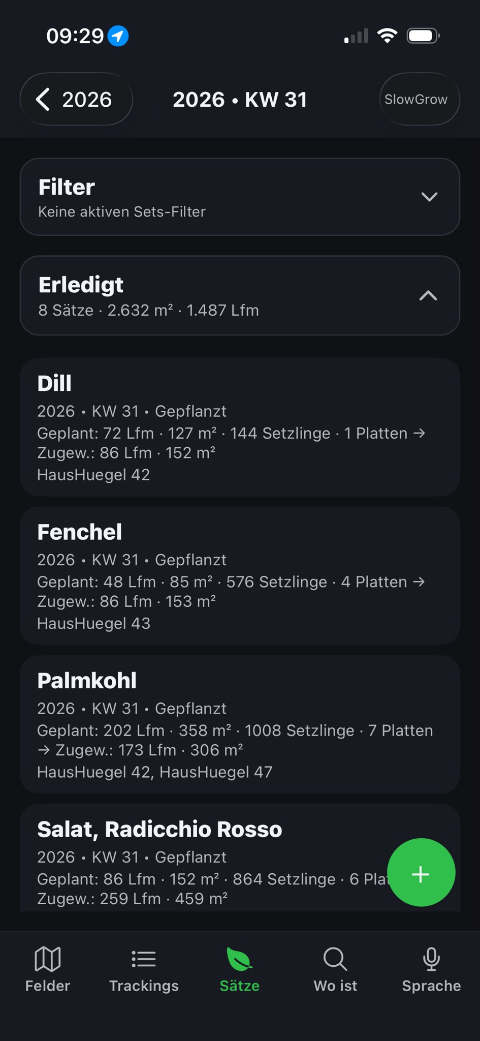 Sätze-Ansicht in der Mosaik-Farming-App